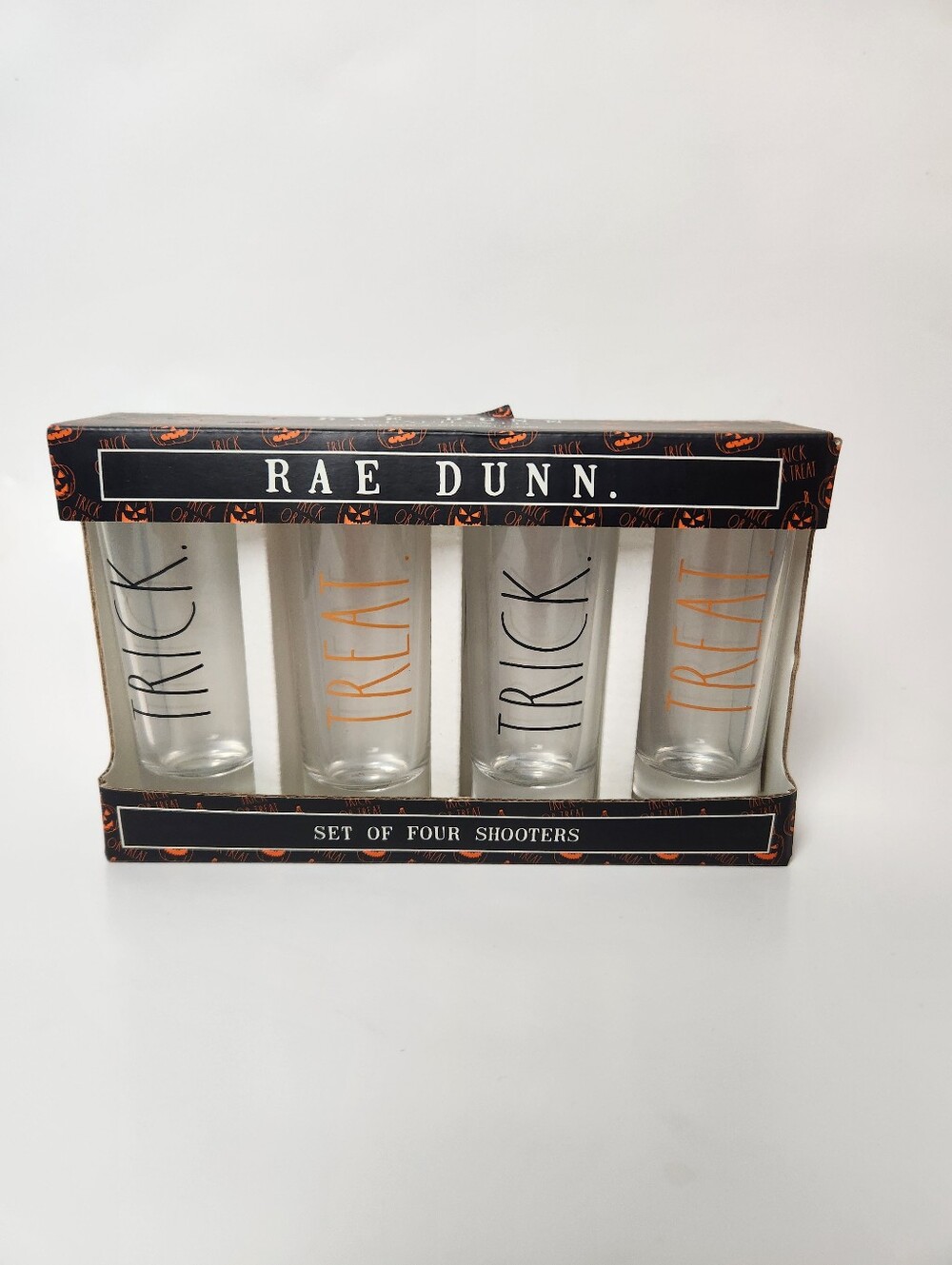 Rae Dunn Clear Shooter Glasses with Black and Orange Lettering - Set of 4 - Picture 2 of 8
